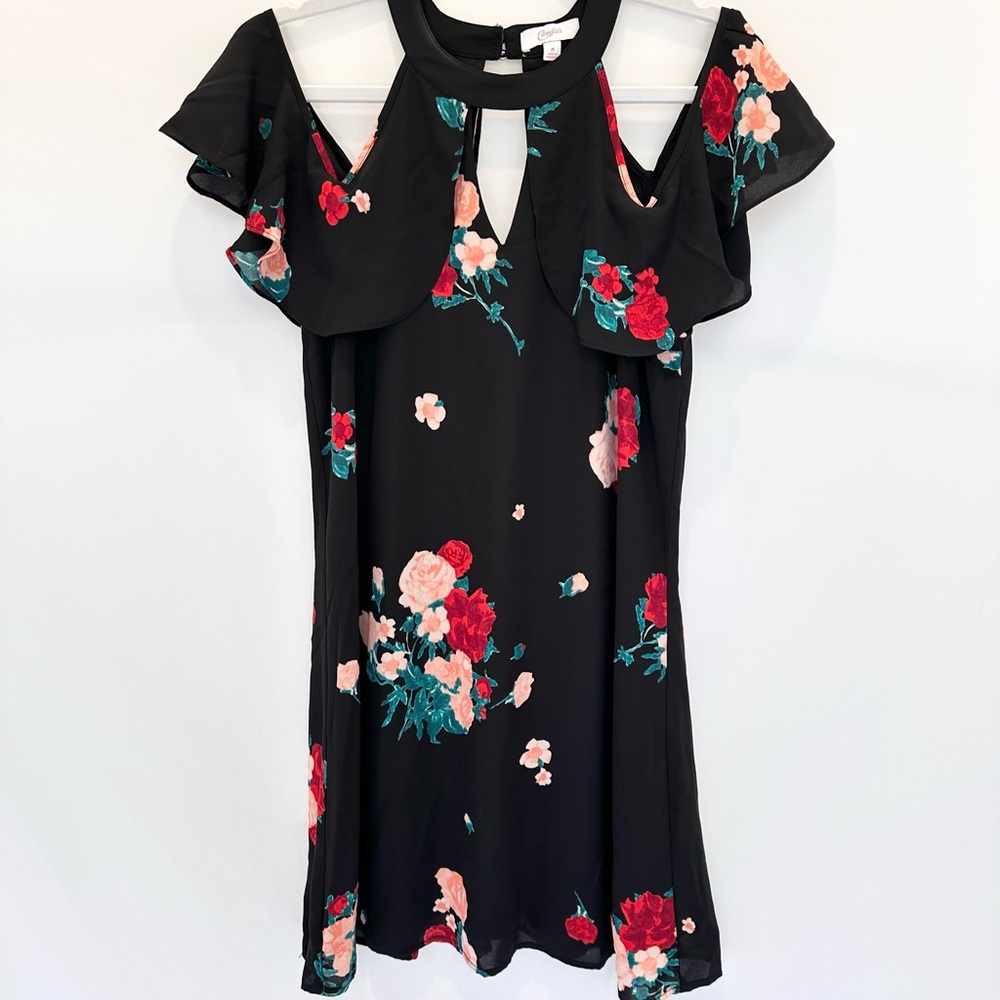 Candie's Black Mini Dress with Red and Pink Floral Design